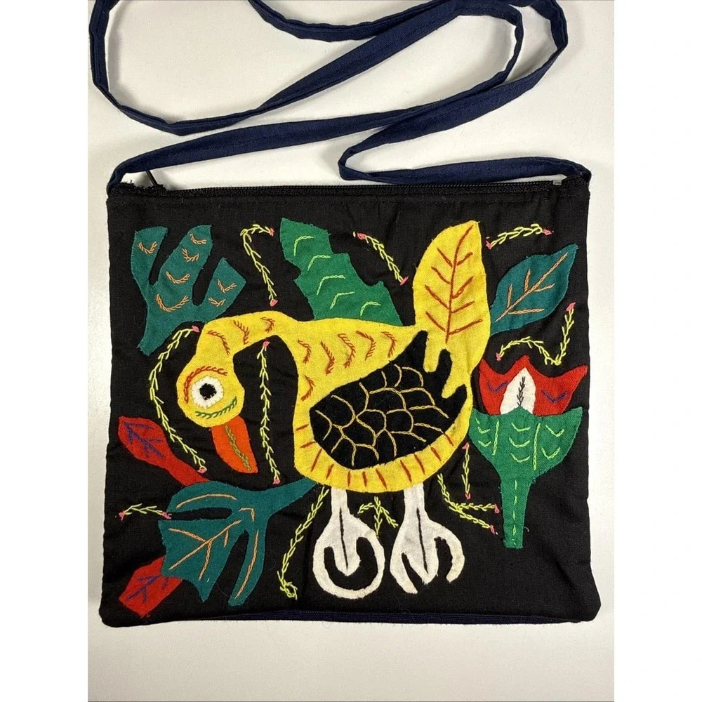 Vintage 1990s Cloth Purse Hand Appliqued Bird Double Pockets Zippered Boho 6.5